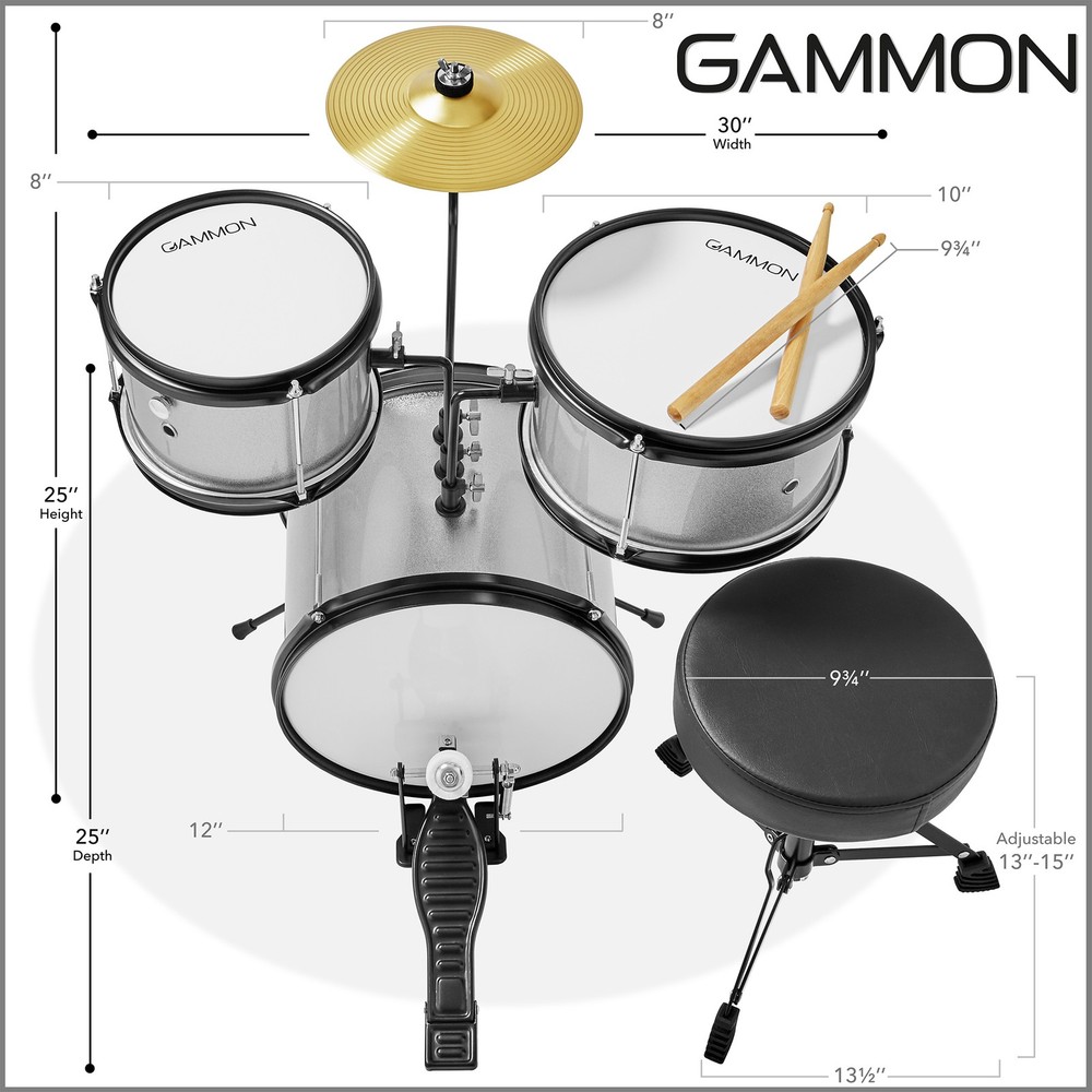 OPEN BOX - 3-Piece Junior Drum Set - Silver, Kit with Throne, Cymbal, Drumsticks