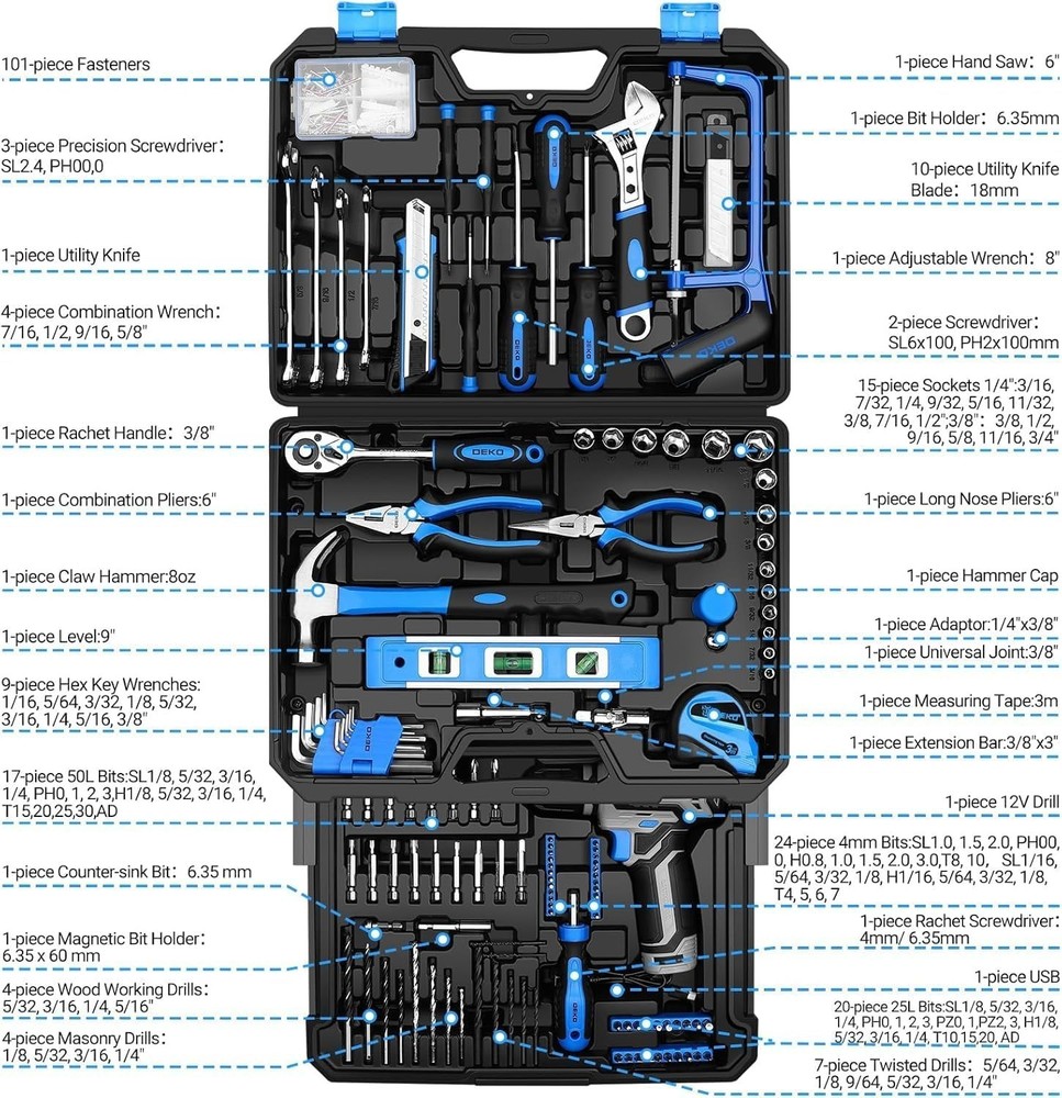 Tool Set: Tool Kit with 12V Cordless Drill, Hand Toolbox with storage case, Mech