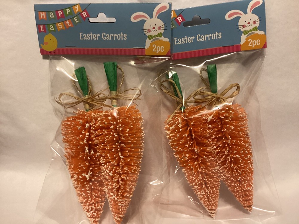 Four (4) Happy Easter Flocked Bottles Brush Qrange Carrots Decor