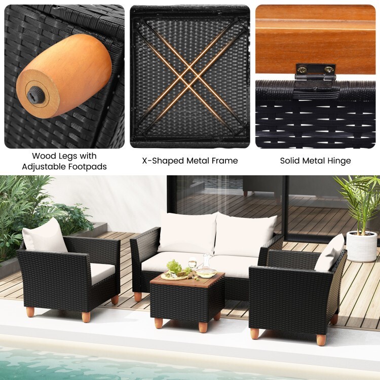 4PCS Patio Outdoor Furniture Conversation Rattan Sofa Set w/Storage Coffee Table