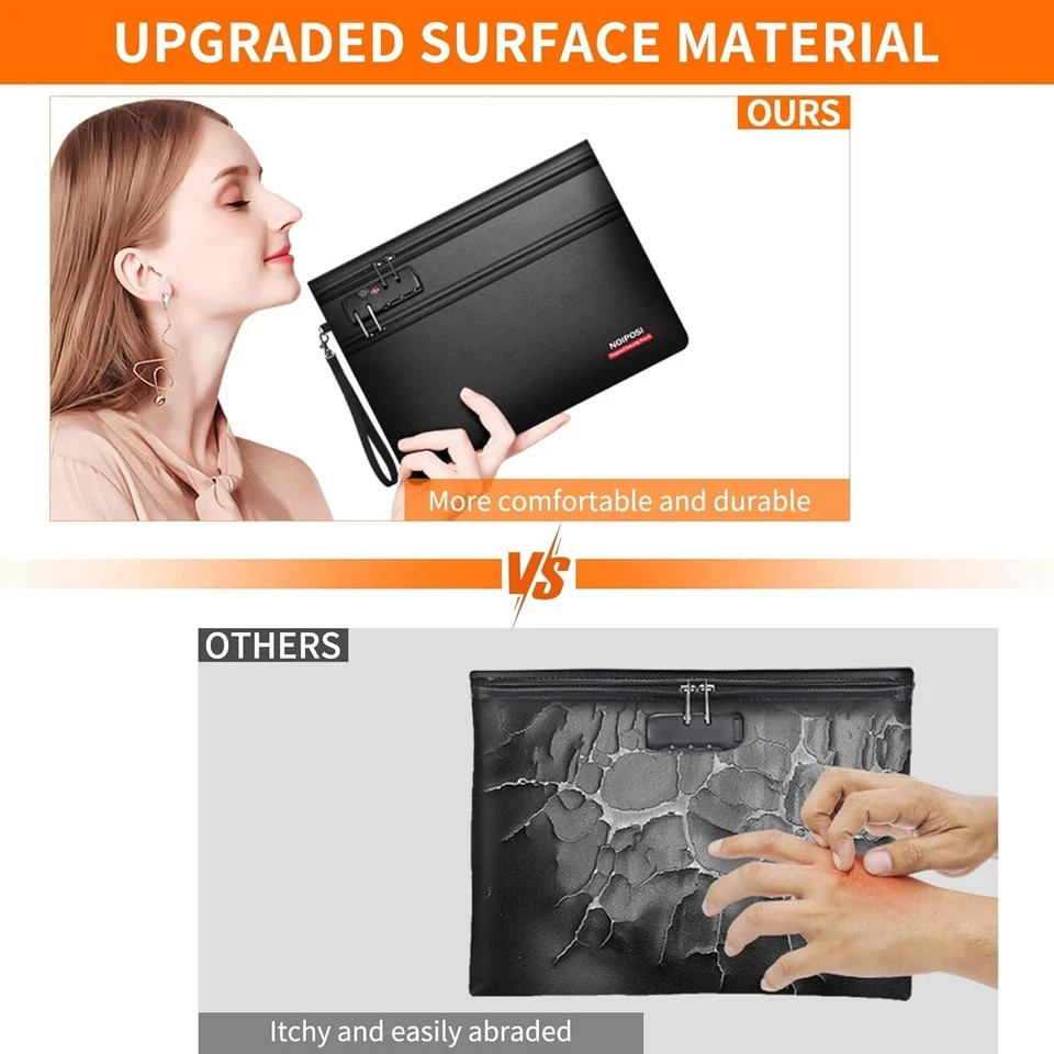 6400℉ Fireproof Money Bag with Lock,Dual-Zip Compartments Fireproof Document ...