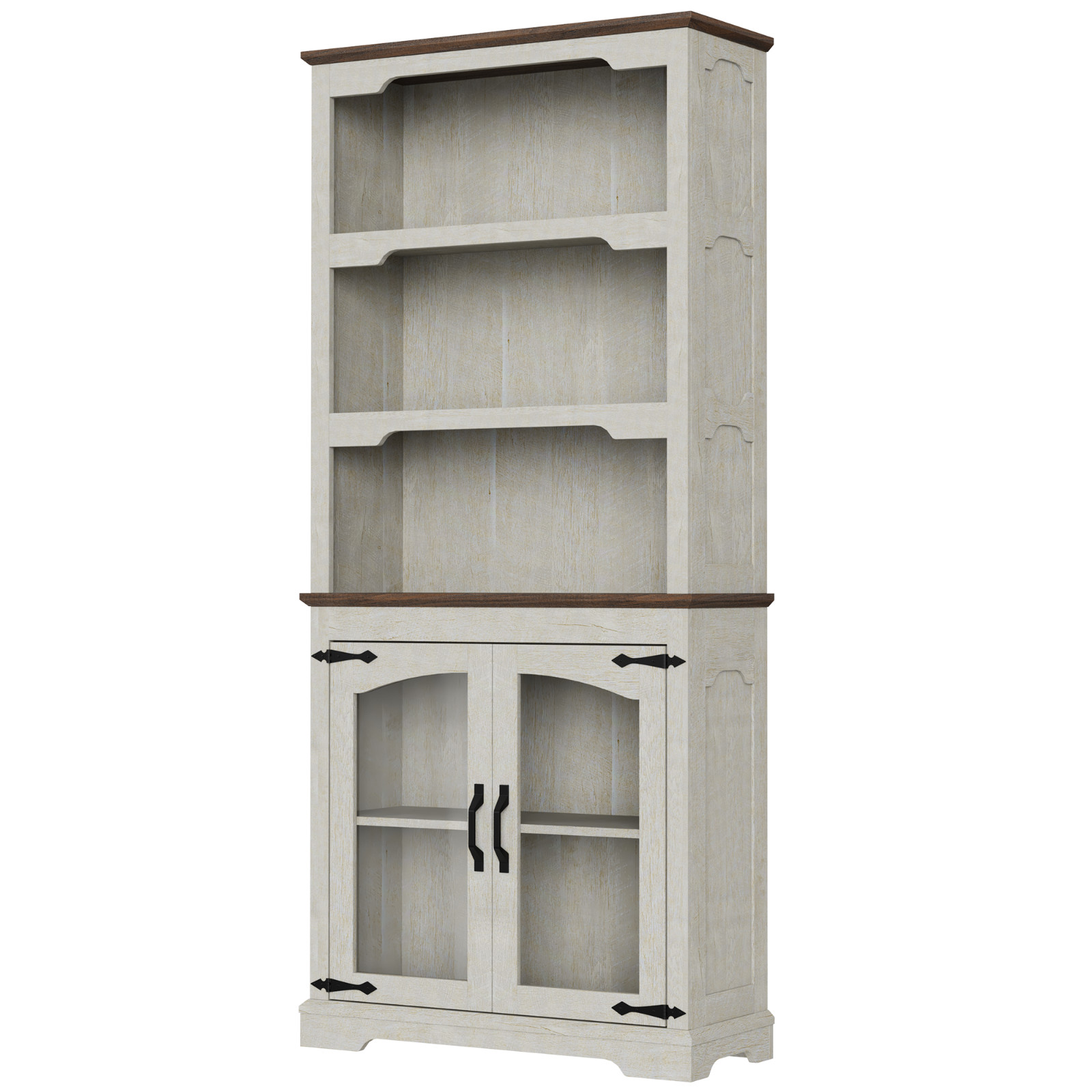 Farmhouse Tall Bookcase with Doors, Rustic White Storage Cabinet with Anti-Tip