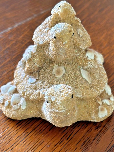 Beachy Ceramic Stacked Turtles 4” Tall seashell turtle sandy shells