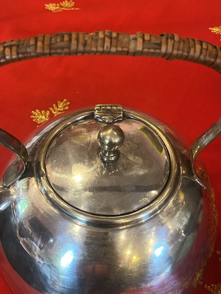 BRITISH Silver/Plated TEAPOT WICKER Handle Latched Lid EUC Modernist