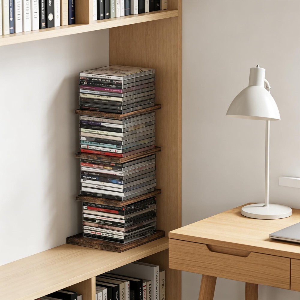 4-Tier Solid Wood & Matte Black Iron CD DVD Storage Rack & Holder with Top Ca...