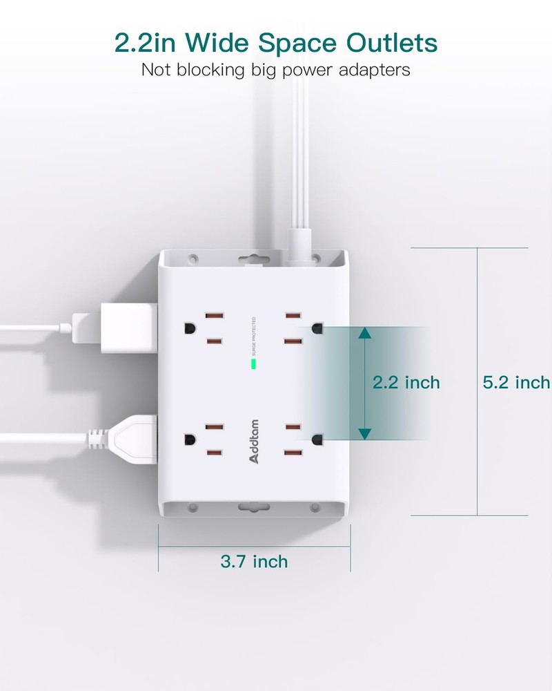 10FT Flat Plug Extension Cord with Multiple Outlets, Surge Protector Power St...