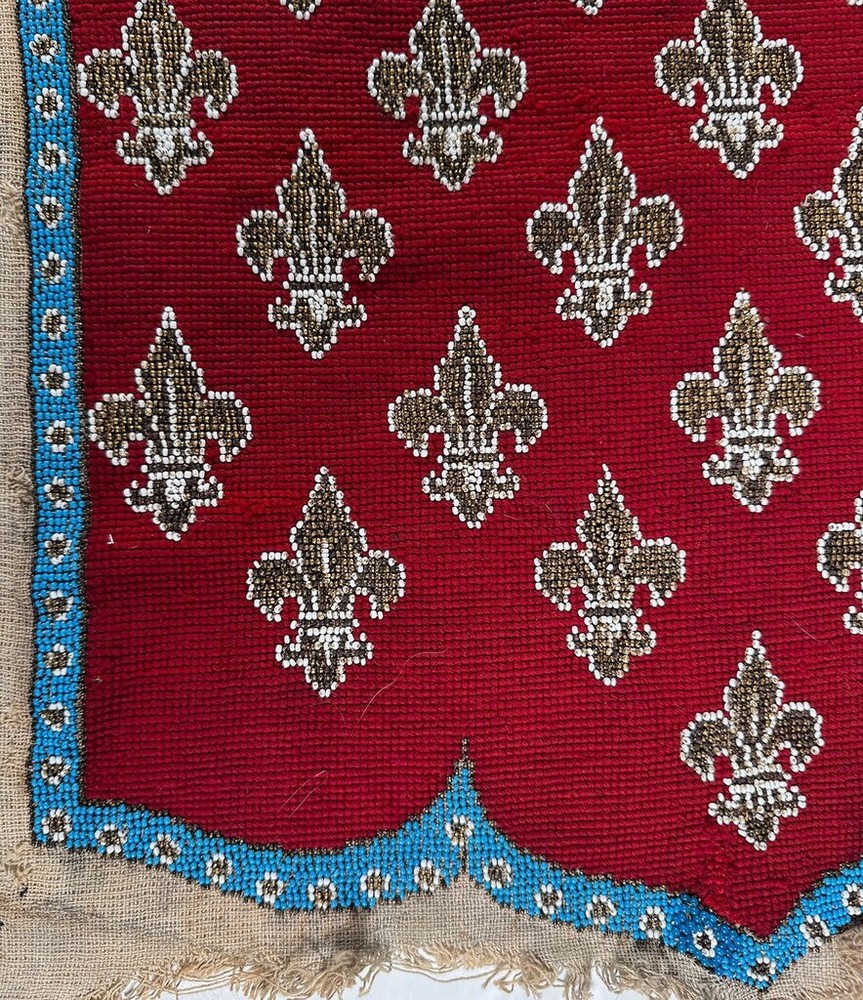 Fine Antique Beadwork Needlepoint Fire Screen Panel, Unused. French Fleur de Lys
