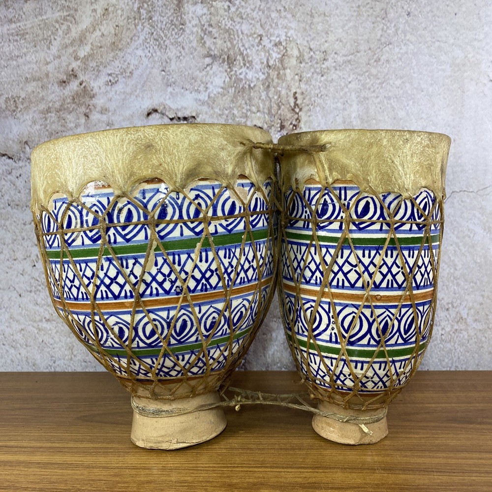 Vint Terracotta Paint Clay & Hide Double Bongo Drum Rustic Primitive Folk Art SH