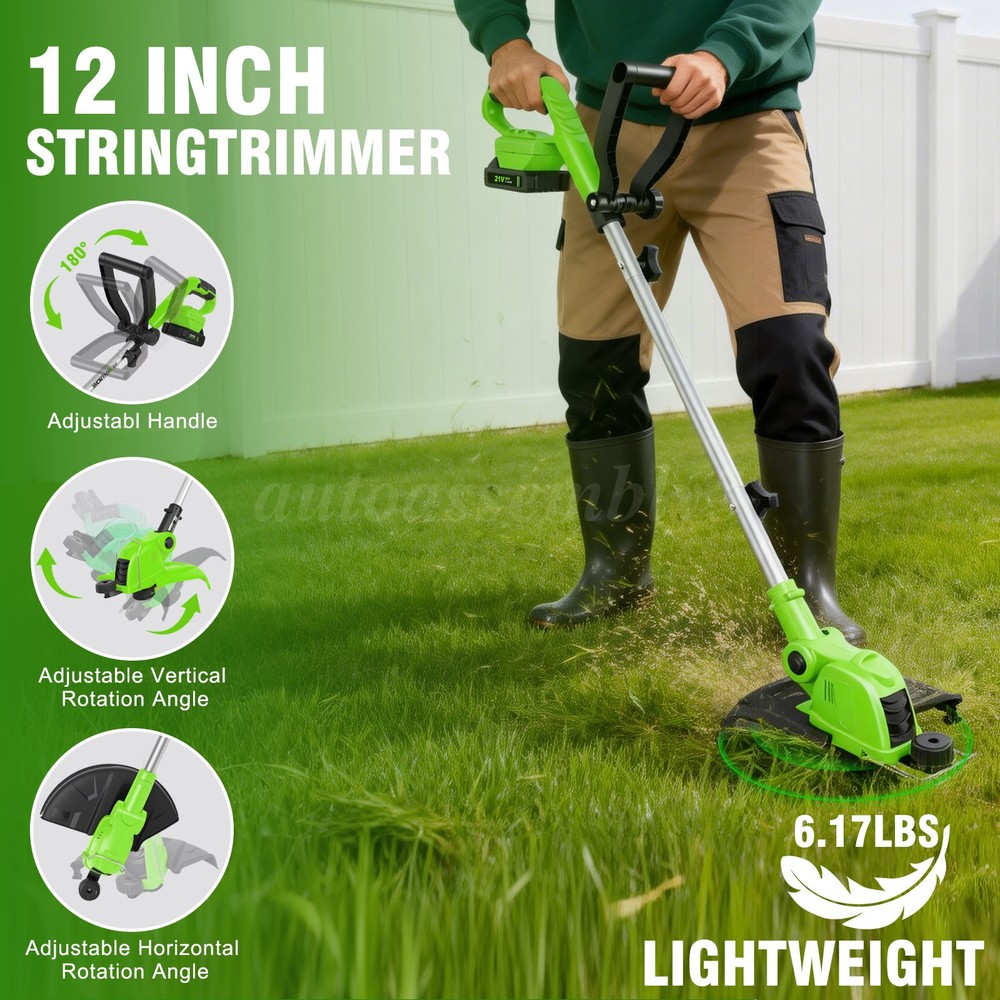 Cordless String Trimmer, Edger WeedWhacker Grass Eater Lawn Cutter w/ 2 Battery