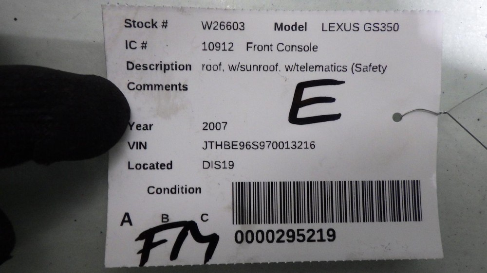 07 LEXUS GS350 Front Console roof
