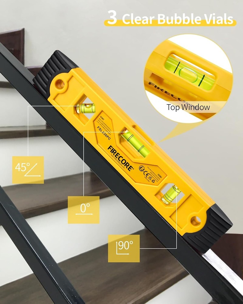 Torpedo Level Magnetic, Firecore 9 Inch Shockproof Small Leveler Tool