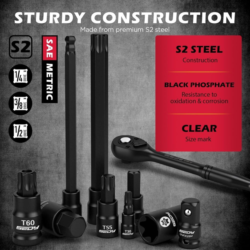 112-Piece Torx and Allen Bit Socket Set, 1/4, 3/8,1/2 Drive Bit Socket Set