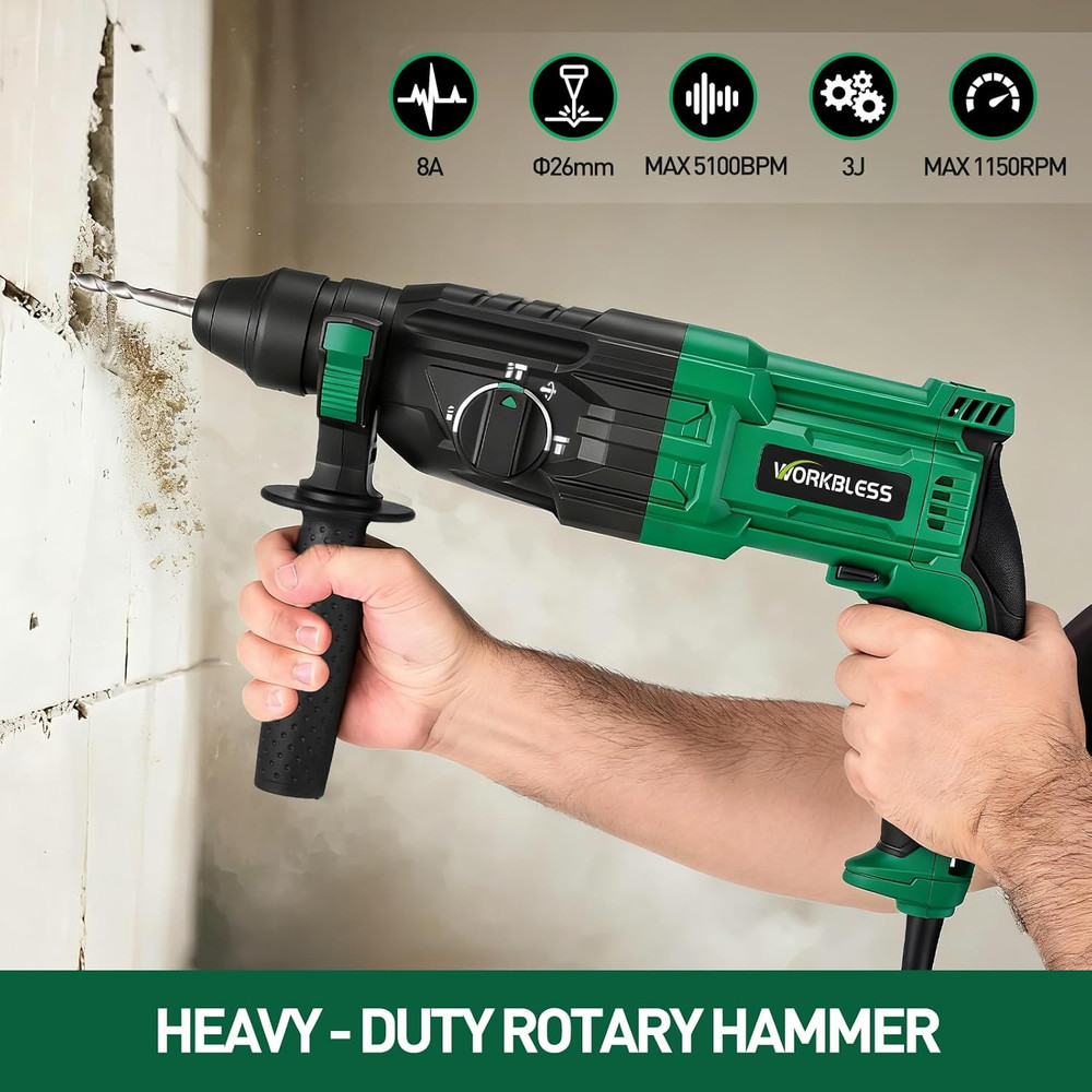 1 Inch Sds-Plus Rotary Hammer Drill, 8Amp, 3.0J 4 Functions Variable Speed Hamme