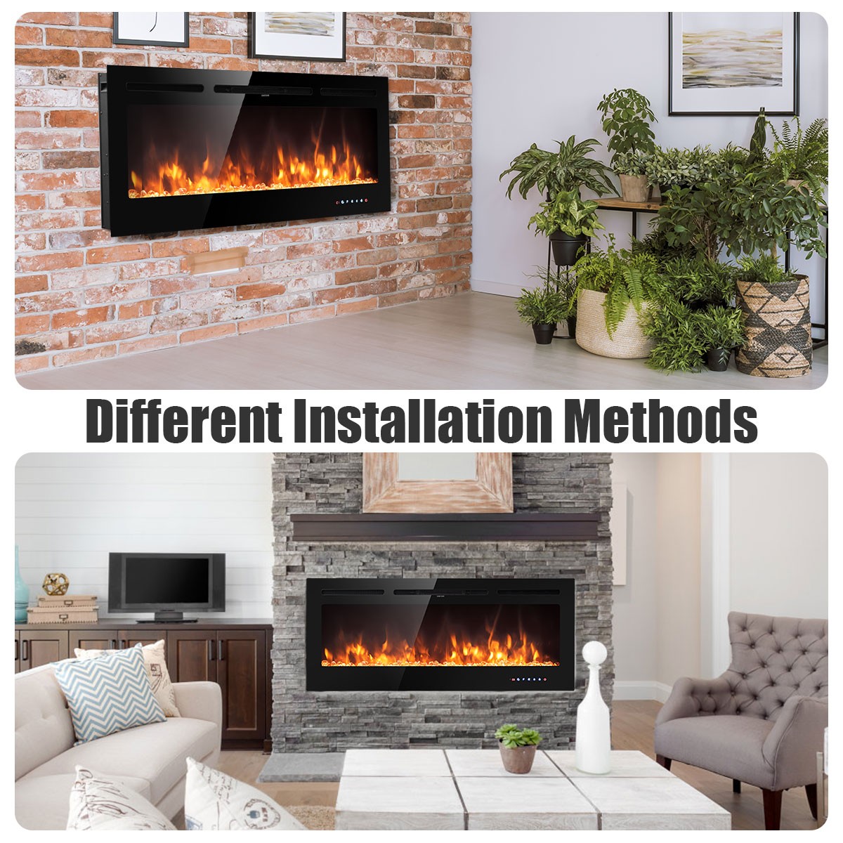 50 " Electric Fireplace Recessed & Wall Mounted 750W/1500W W/ Flame Indoor