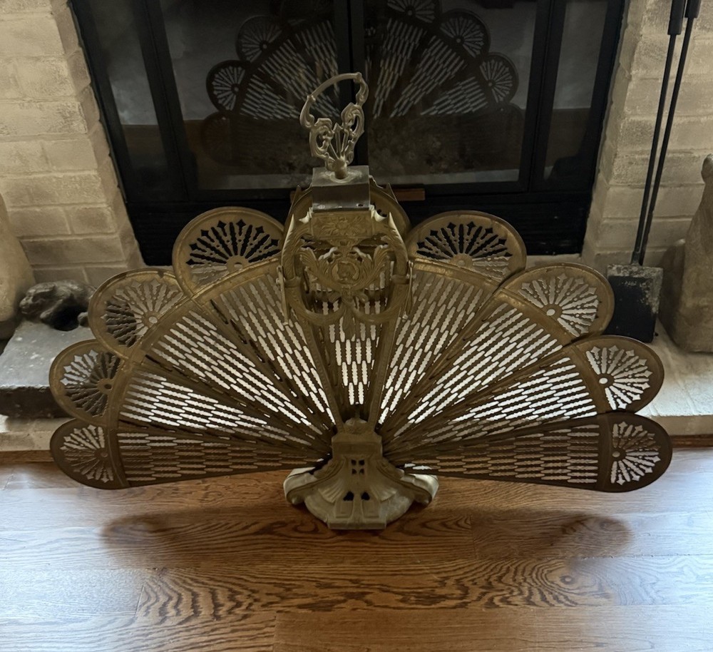 Vintage MCM Deco Solid Brass Peacock Fan Folding Fireplace Screen - Wow !