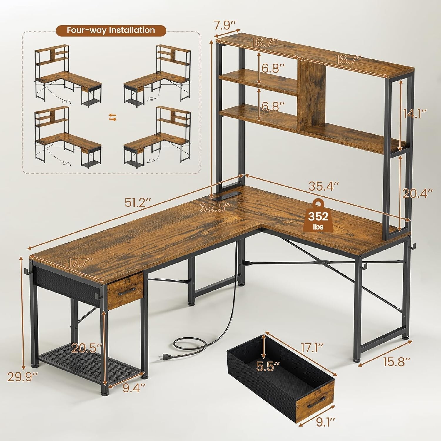 L Shaped Computer Desk with LED Lights and Storage Shelves, Home Office Desk