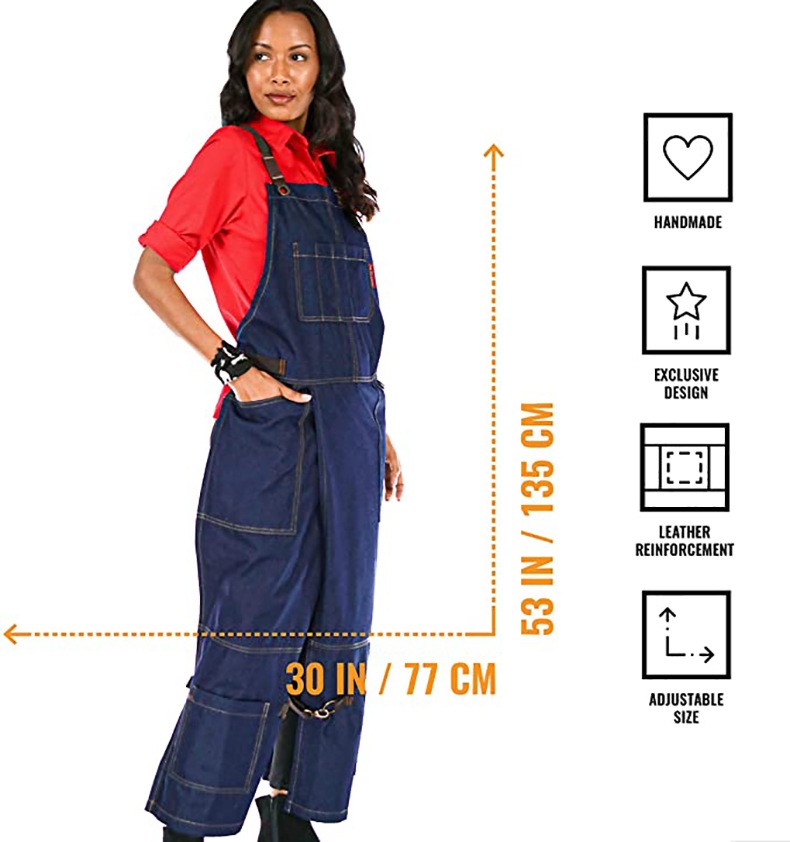 Split Leg Denim Apron Barber Apron with Pockets Adjustable Work Apron Blue