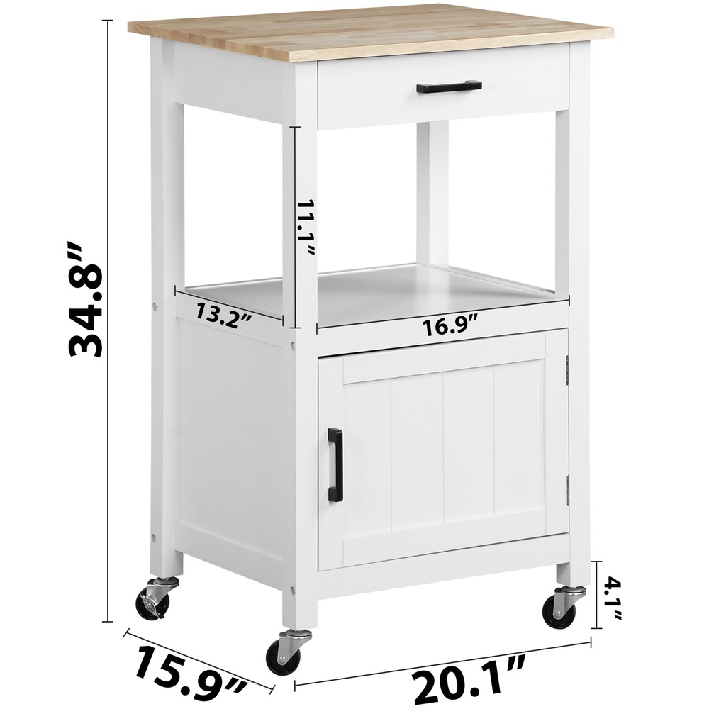 Rolling Kitchen Cart with 3 Hooks MDF Frame Microwave Stand Island, White