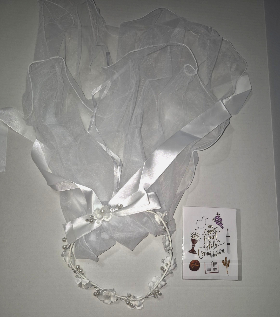 Girls First Communion Veil White Floral Crown w Pearls Rhinestones Headpiece NWT