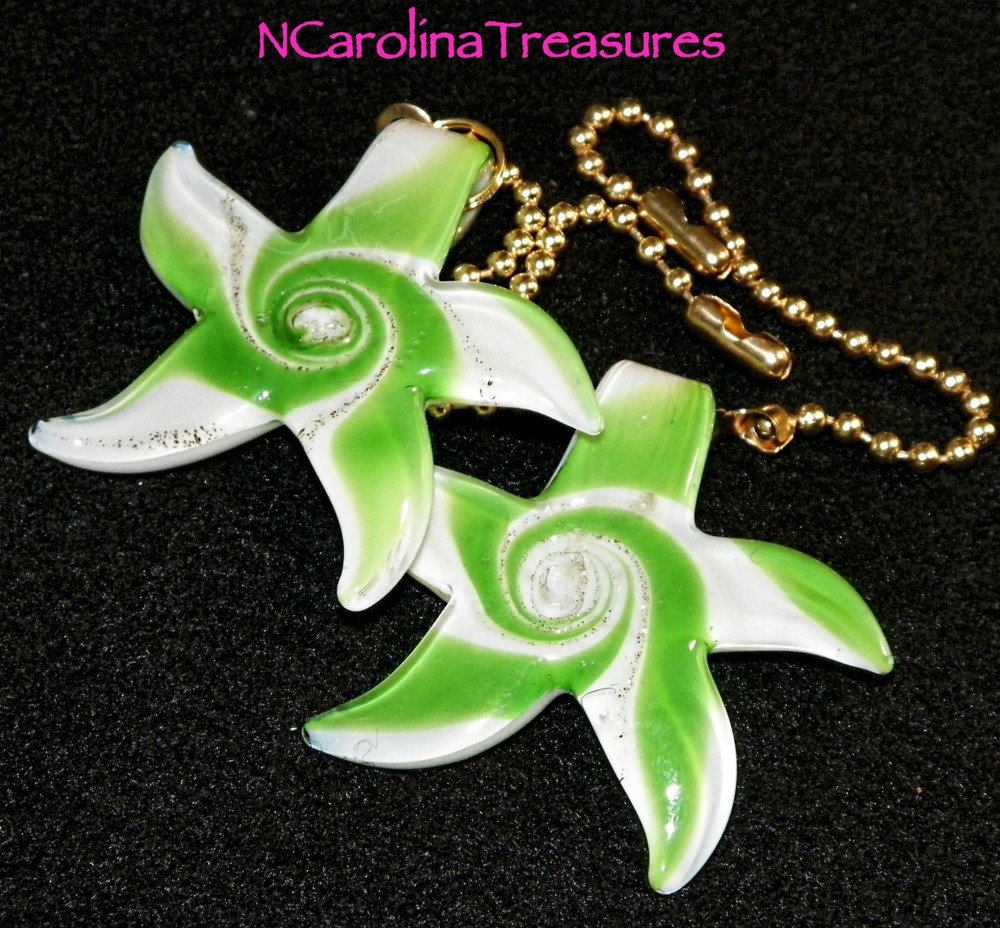 MURANO GLASS CEILING FAN LIGHT SWITCH PULL STAR STARFISH GREEN WHITE LARGE PAIR