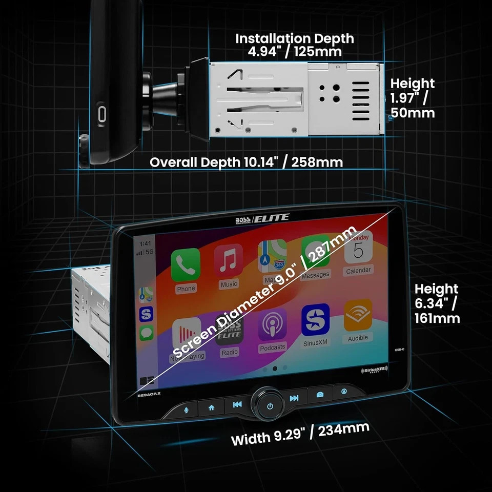 BOSS BE9ACP.XC 1-DIN 9 Floating Display Stereo Apple Carplay Android Auto Camera