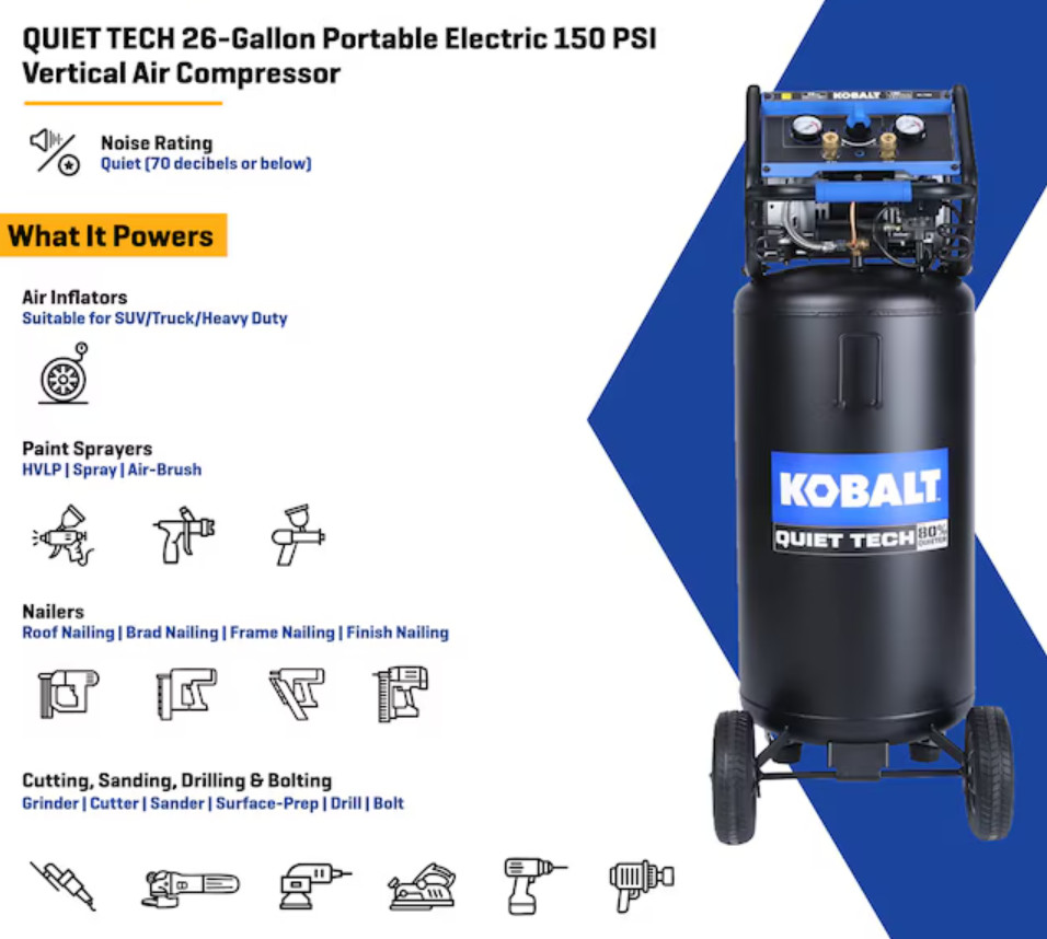 Kobalt QUIET TECH 26 Gallon 150 PSI Vertical Air Compressor Free Shipping