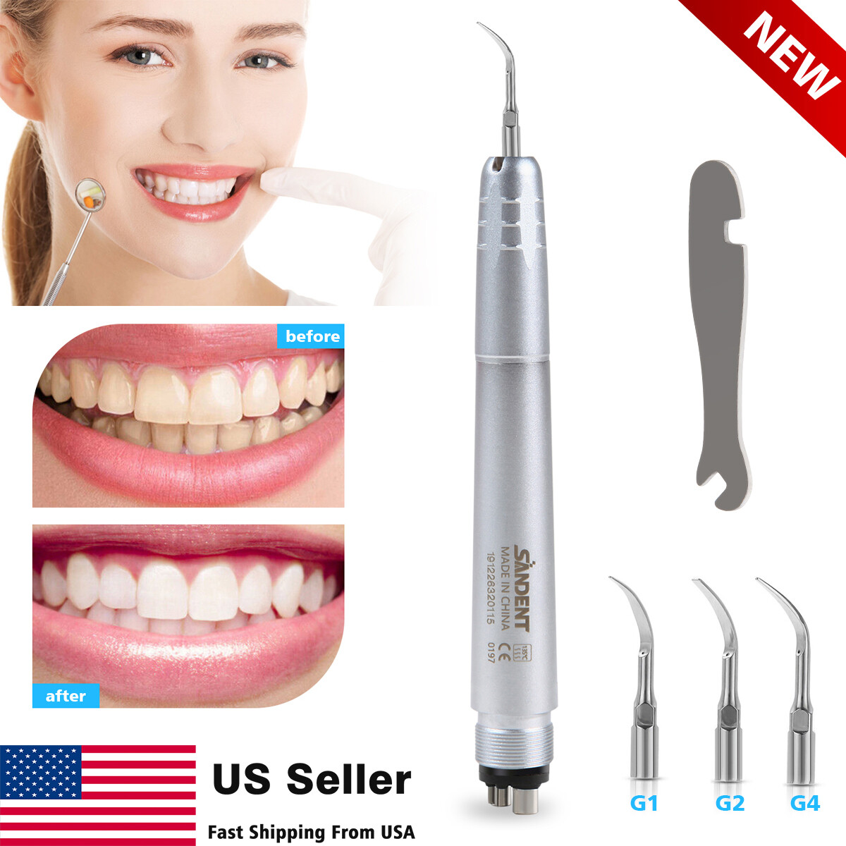 USA Dental Ultrasonic Air Perio Scaler Handpiece Hygienist 2 & 4-Holes 3 Tips CE