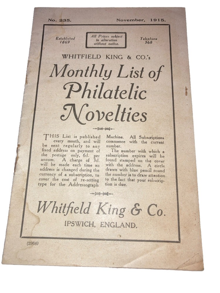 1915-Whitfield, King & Co. - 12 Page List- Monthly List Philatelic Novelties