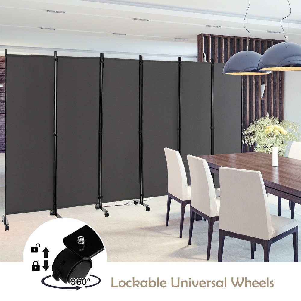 6-Panel Folding Room Divider 6' Rolling Privacy Screen w/ Lockable Wheels Grey