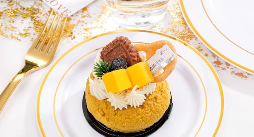 Gold Plastic Plates, Gold Rim Plastic Dinnerware Set, Includes: 25