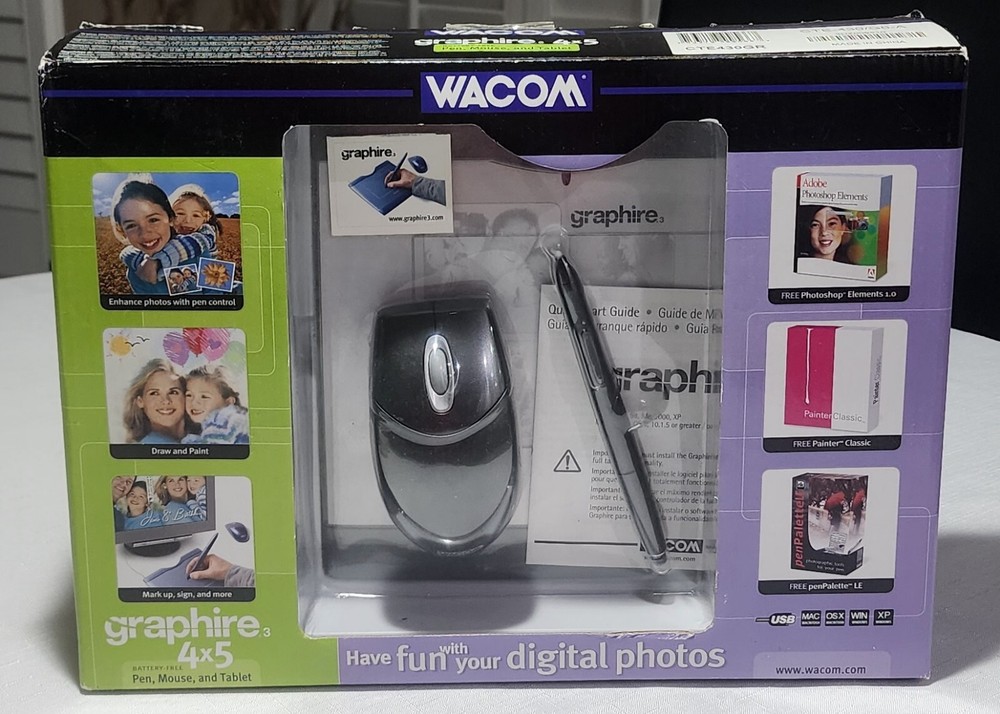 Wacom Graphire3 4x5 USB Tablet,Pen, Mouse & Software Bundle CTE430GR New Sealed