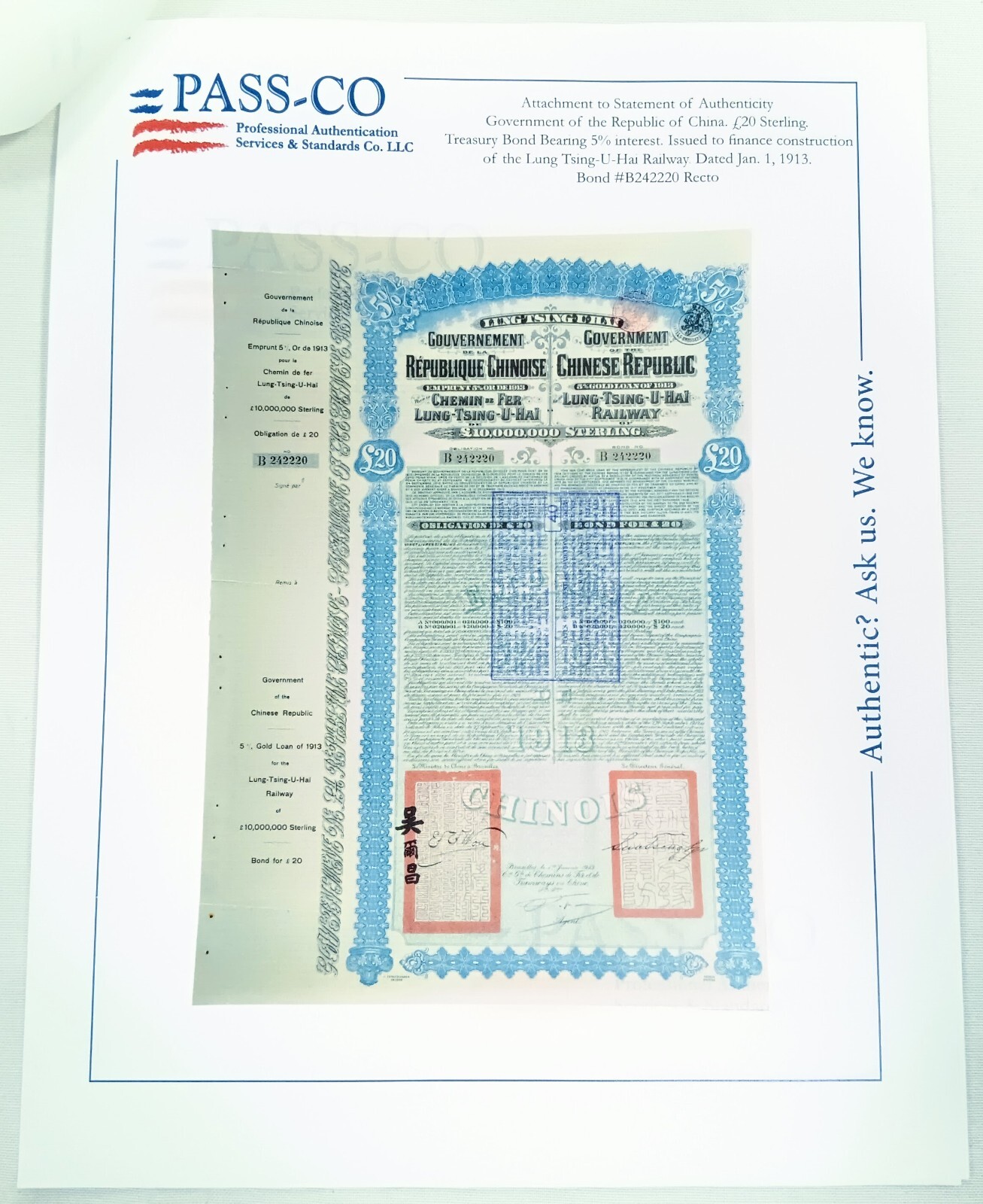 Uncut China 1913 Lung-Tsing-U-Hai Railway Bond Super Petchili Gold Loan PASS-CO