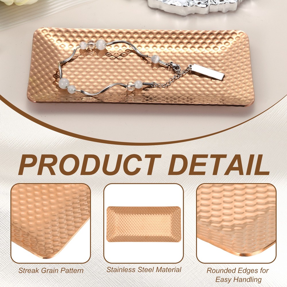Decorative Tray, Glossy Serving Tray with Hammer Pattern, 5.9x3" Rose Gold