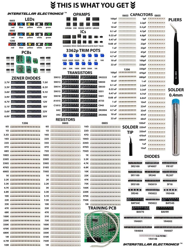 2900 pcs SMD 1206 0805 0603 Component Assortment, Resistor, Capacitor, Diode,...