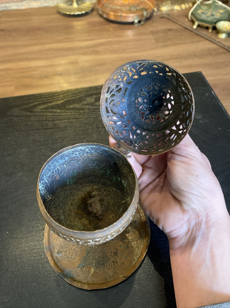 Antique Vintage Middle Eastern Hand Hammered Etched Copper Bronze Incense Burner