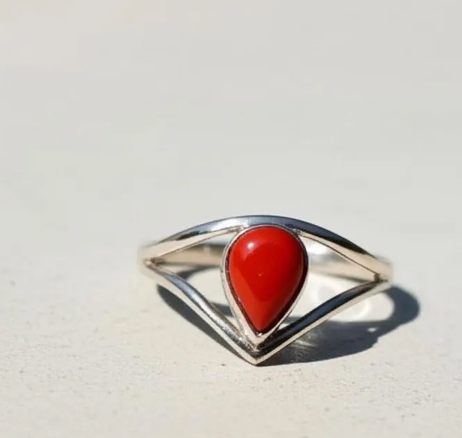 Solid 925 Sterling Silver Natural Red Coral Pear Shape Gemstone Handmade Ring