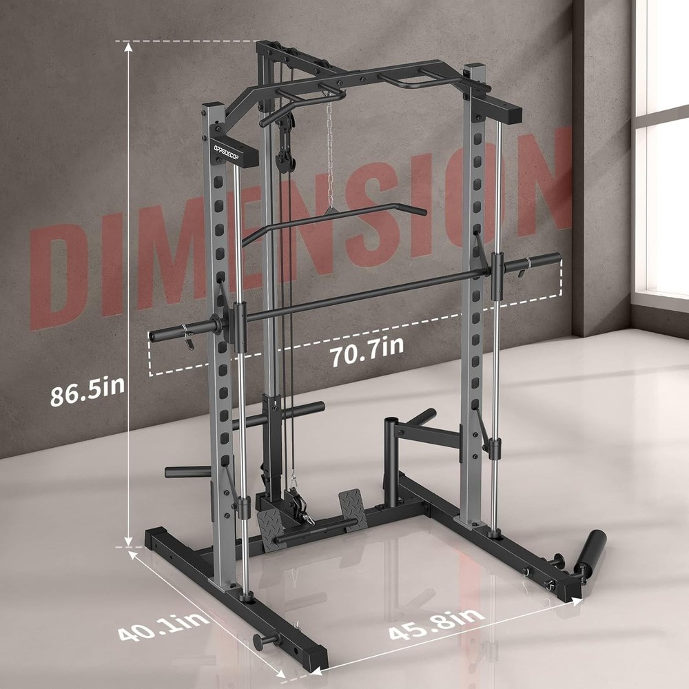 All-in-One Smith Machine Power Cage Power Rack with LAT-Pull Down System Home Gy