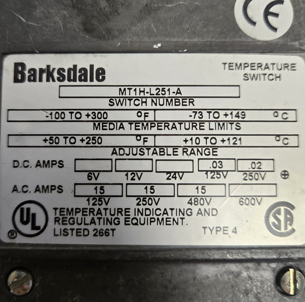 BARKSDALE TEMPERATURE SWITCH MTIH-L251-A.