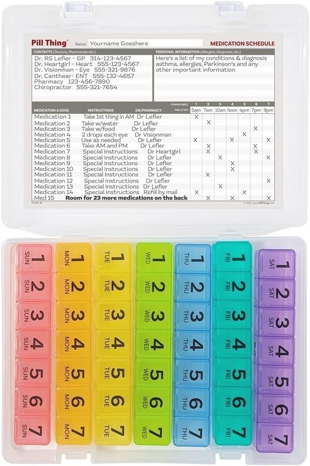 7 Times a Day Weekly Pill Box Organizer Case, Secure 7X Pillbox w/Medication Map