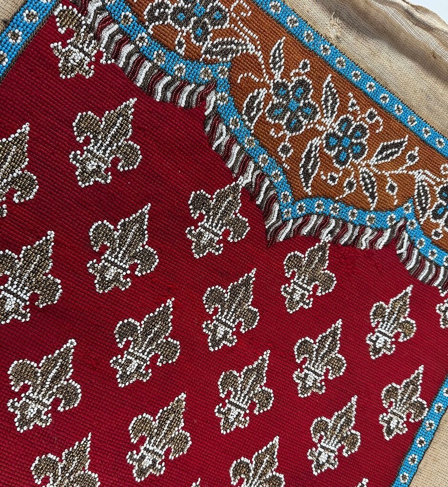 Fine Antique Beadwork Needlepoint Fire Screen Panel, Unused. French Fleur de Lys