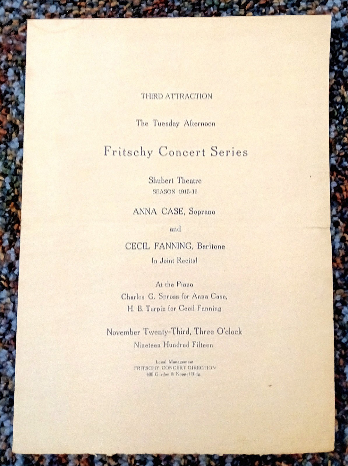 Anna Case Soprano 1915 Program Fritchie Concert Kansas City Thomas Edison RARE