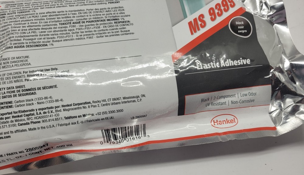 Teroson Ms 9399 Black Elastic Adhesive 2-component Low Odor UV Resistant 400ml