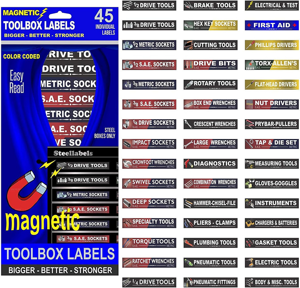 Ultimate Magnetic Toolbox Label Organizer Set for Tool Chest, Boxes, Drawers & C