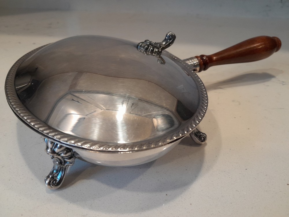 Vintage FB Rogers Silver Plate Oval Crumb Catcher Wood Handle Claw Foot Lid