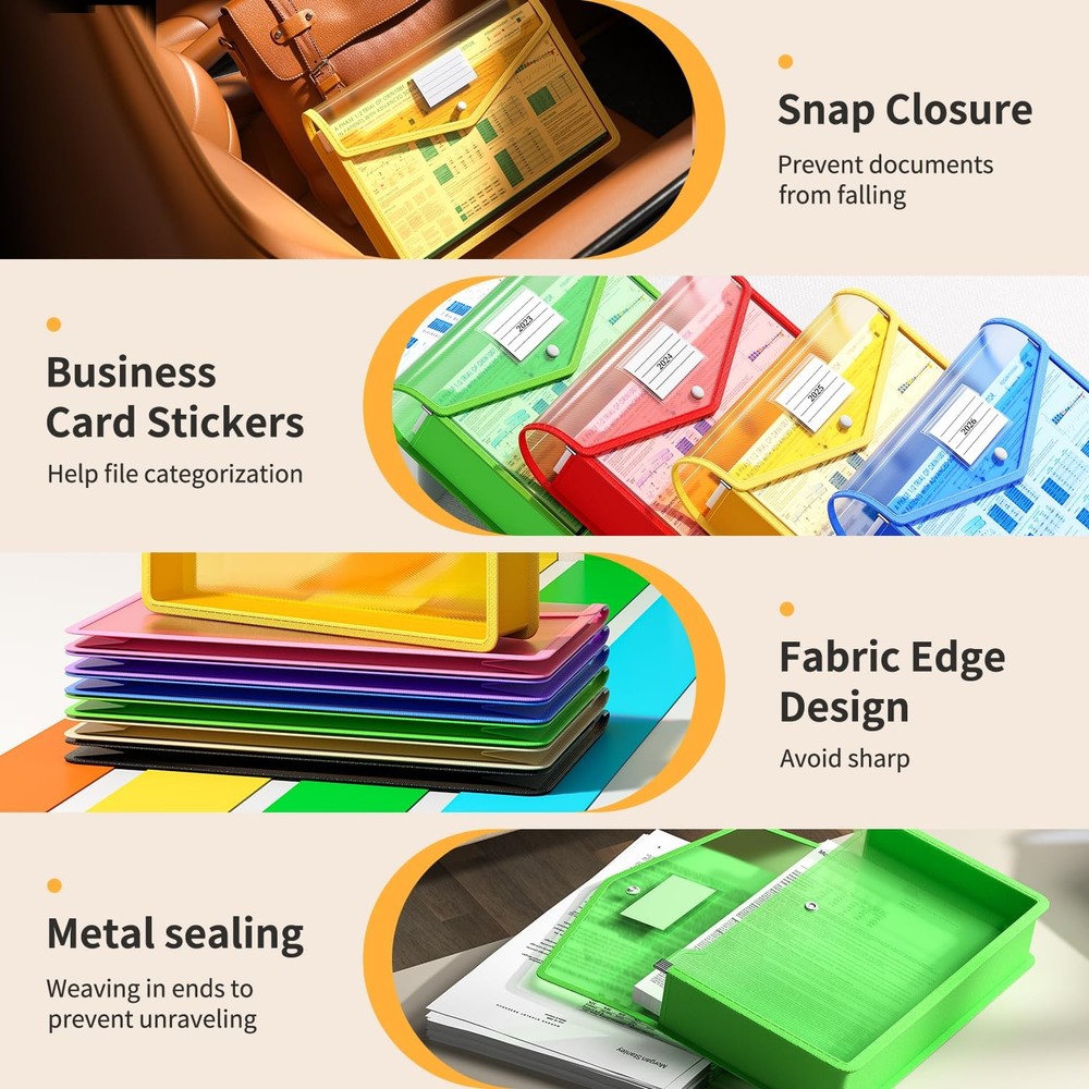 7 Pack Plastic Expanding File Folder, Transparent envelopes with Snap Closure...