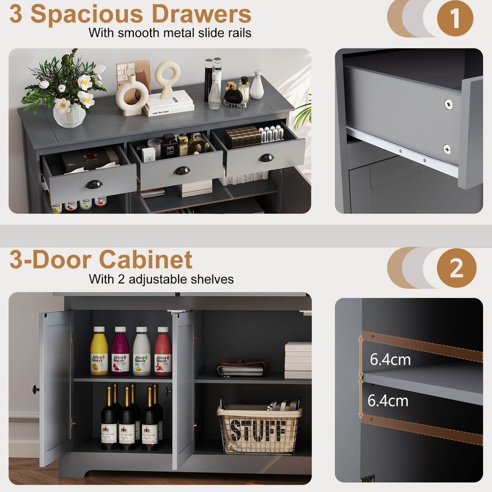 3 Drawers Sideboard Buffet Cabinet Console Table Kitchen Storage Cupboard Gray