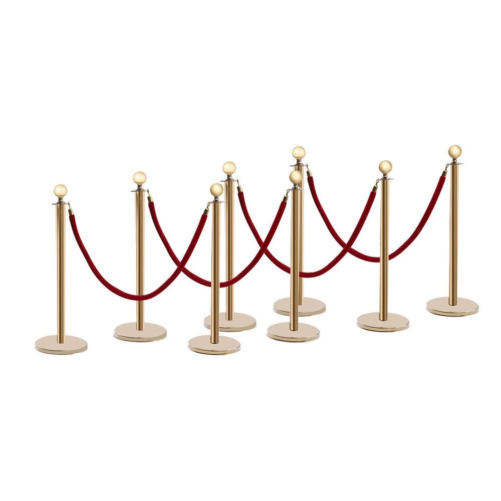 8 PCS Crowd Control Stanchion Gold Posts Set with Red Velvet Rope Queue Barrier~