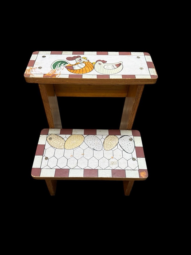 Vintage Wooden Step Stool With Painted Chicken And Egg Scene
