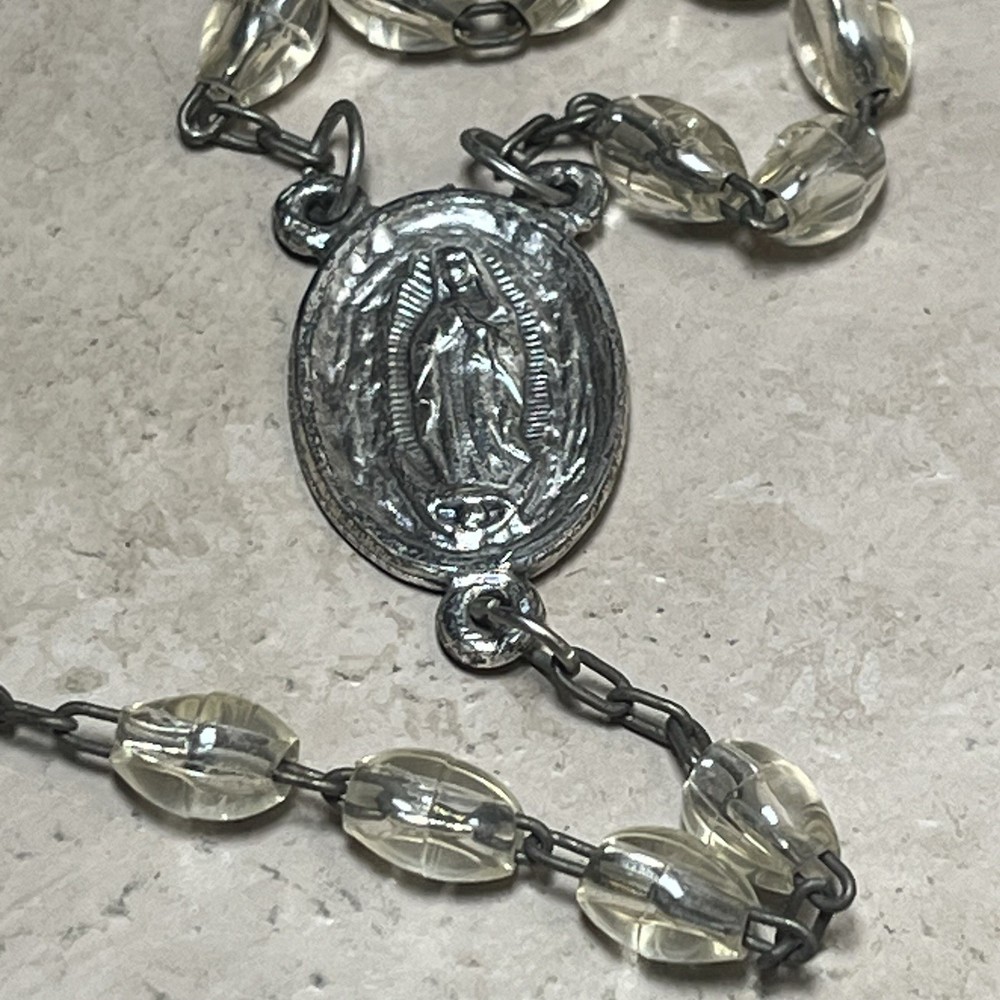 Vintage Catholic Religious 19”Clear Rosary Beads Marked Italy