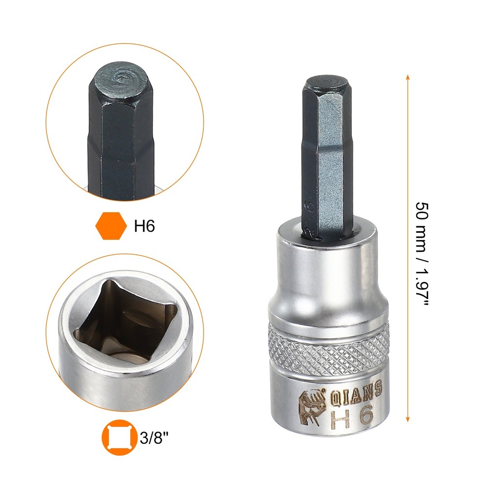 3Pcs Hex Bit Socket H6 3/8" Drive 1.97" Length S2 Steel Bit CR-V Socket